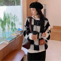 autumn and winter new loose and simple korean version of gentle and lazy style round neck pullover plaid printed sweater sweater
