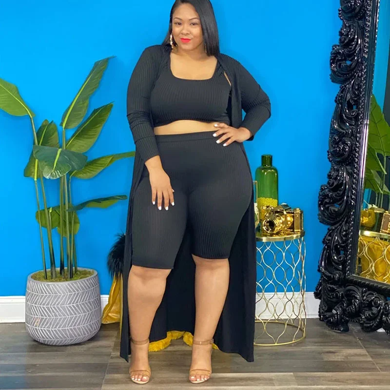Plus Size Three Pieces Set for Women Ribbed Clothing Vest Tops and Shorts Long Sleeve Coat Fall Casual Knitted 3xl 4xl 5xl 6xl