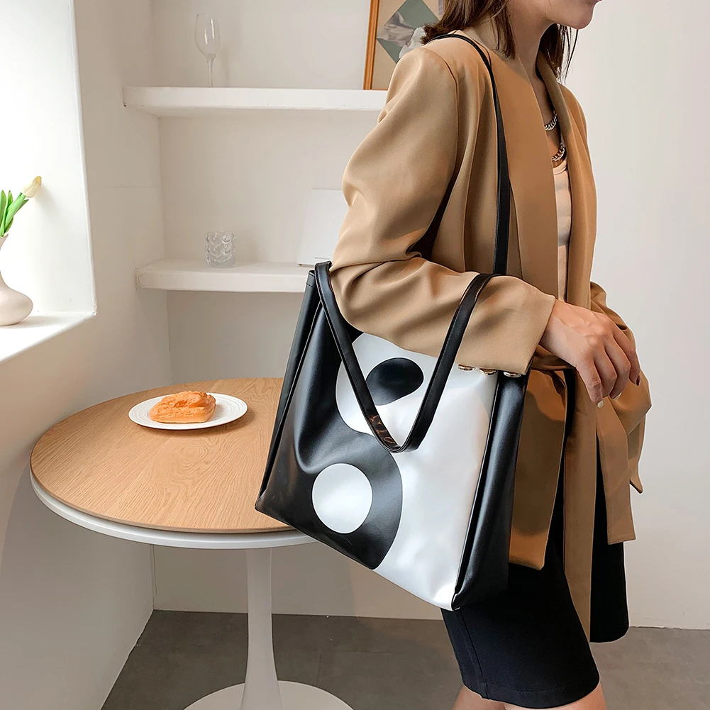 

Модные женские Наплечные сумки контрастных цветов с принтом тай-чи, ретро кожаная большая сумка-тоут для женщин, подарок на день рождения
