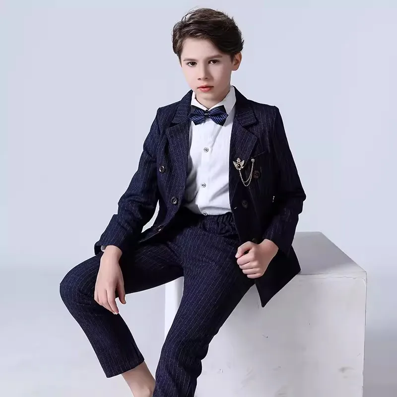 Детский двубортный пиджак в синюю полоску жилет и брюки платье-смокинг для