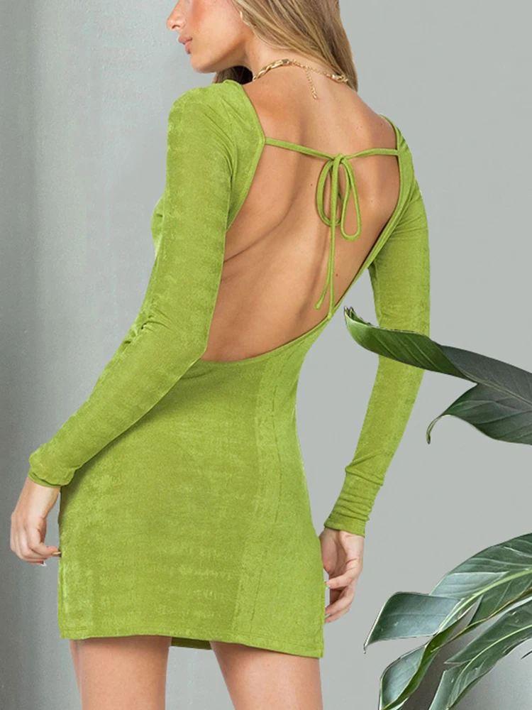 

Summer Mini Dress for Women 2022 Holiday Beach Long Sleeve Backless Sexy Dresses Female Casual O Neck A-Line Green Dress Slim