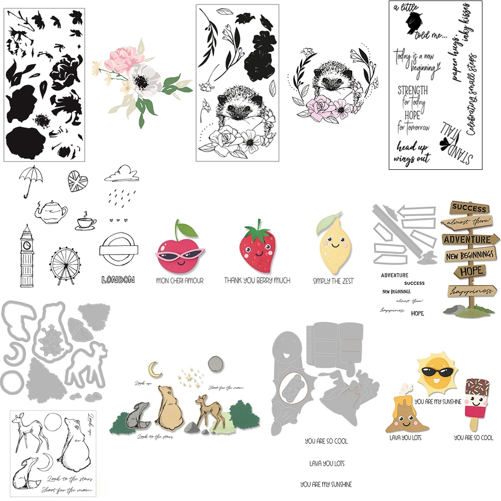 

Blooming Florals Clear Stamps Characters Signs Cute Animals Fruit Stamp and Cutting Die For DIY Scrarpbooking Paper Craft Making
