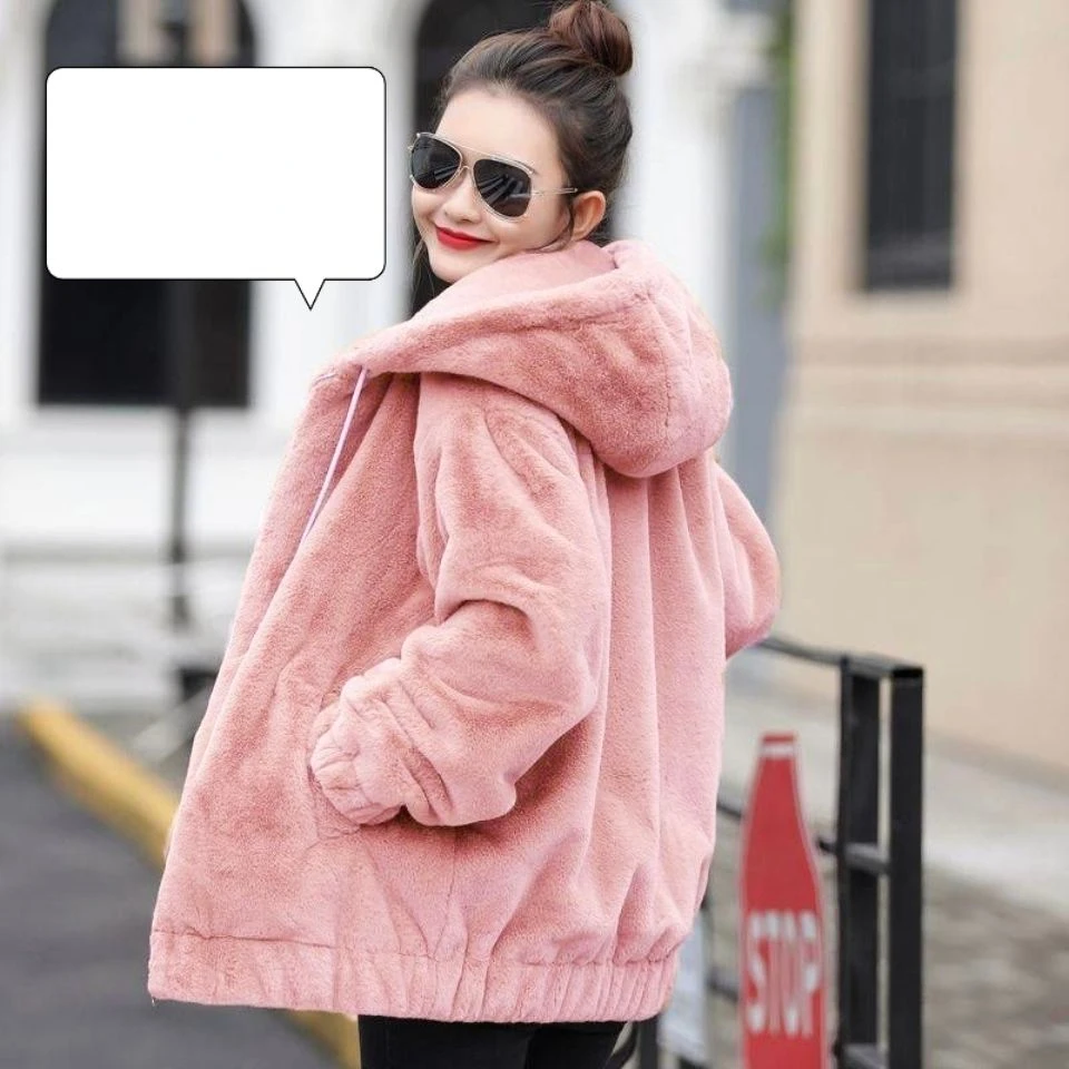 Winter Coat for Women Faux Fur Coats Jackets Faux Rabbit Fur Hooded Sweatshirt Jacket Cotton Lined Coat Warm Korean Fashion New