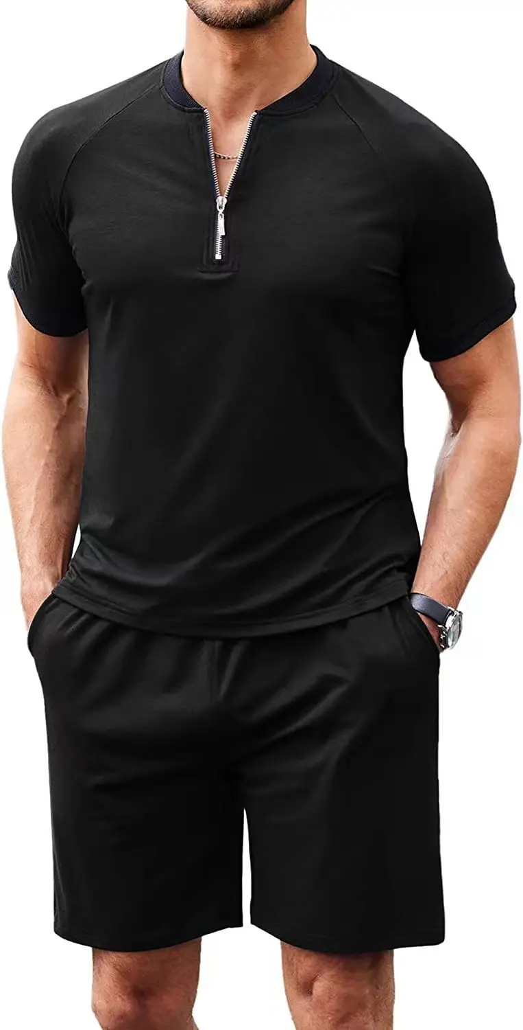 2023 Solid Color Casual Men's Suit Fashion Crewneck Zipper Polo Shirt and Shorts 2-Piece Set Street Men's Clothing Summer