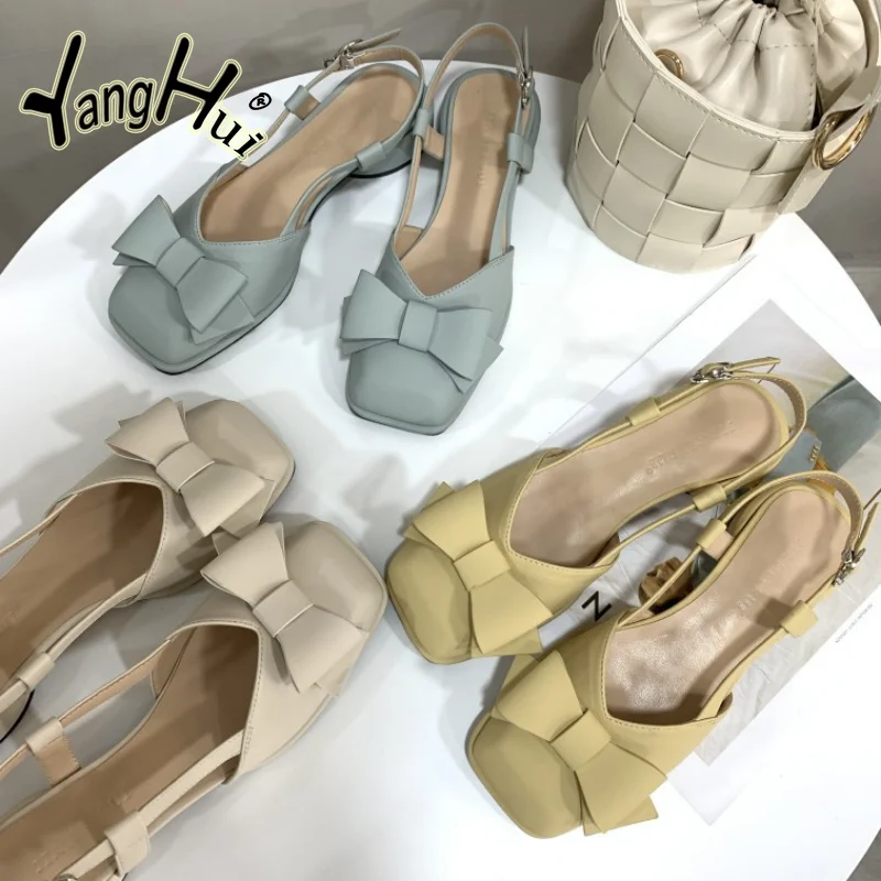 

French Bowknot Single Shoes 2023 Spring Summer New Fashion Sandals Medium Pumps Mary Jane Women's Shoes Thick Heel Button Baotou