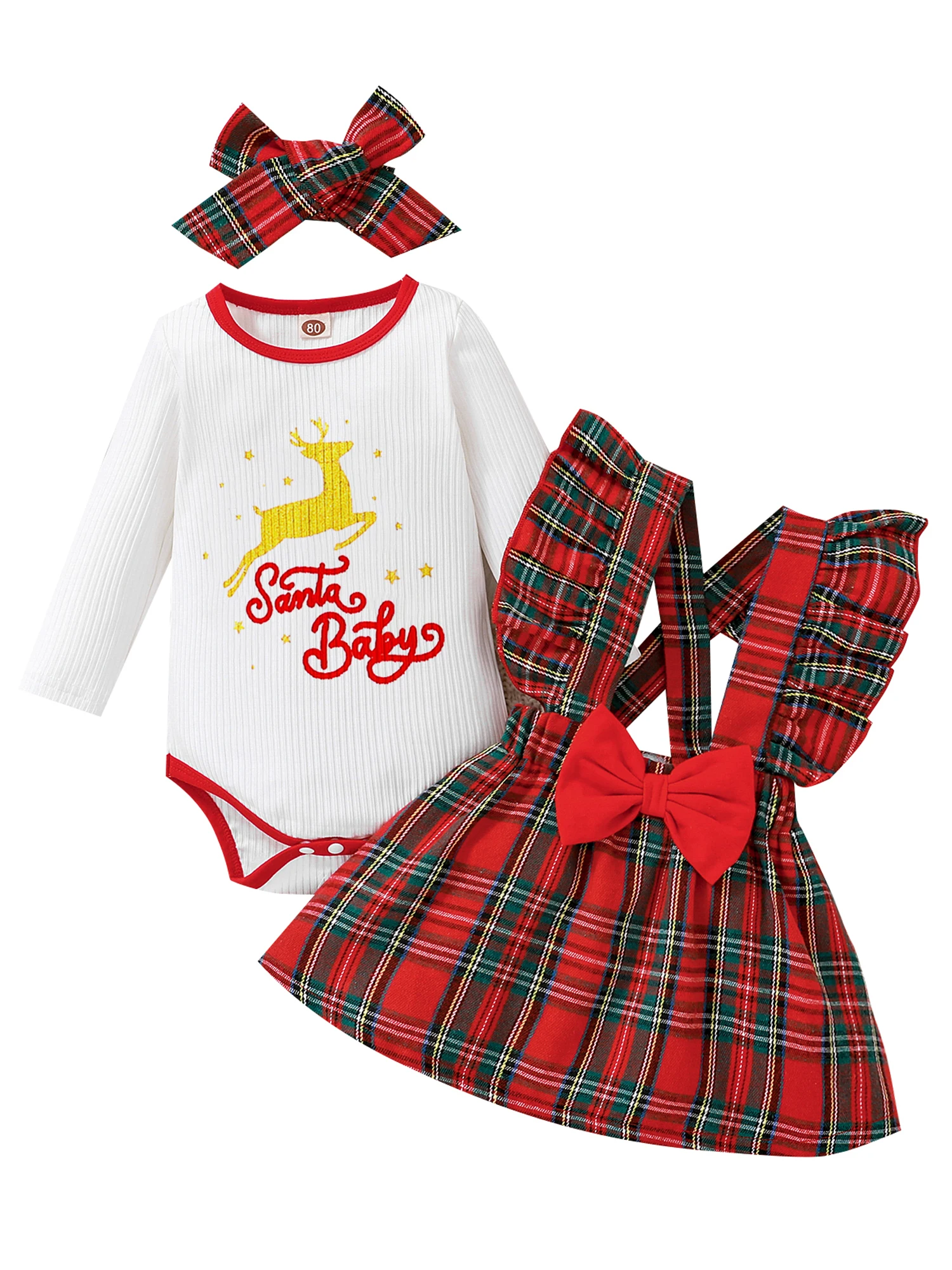 

Christmas Party Baby Girls Clothes Set Letter Elk Print Long Sleeve Romper Plaid Suspender Skirt Headband Suit