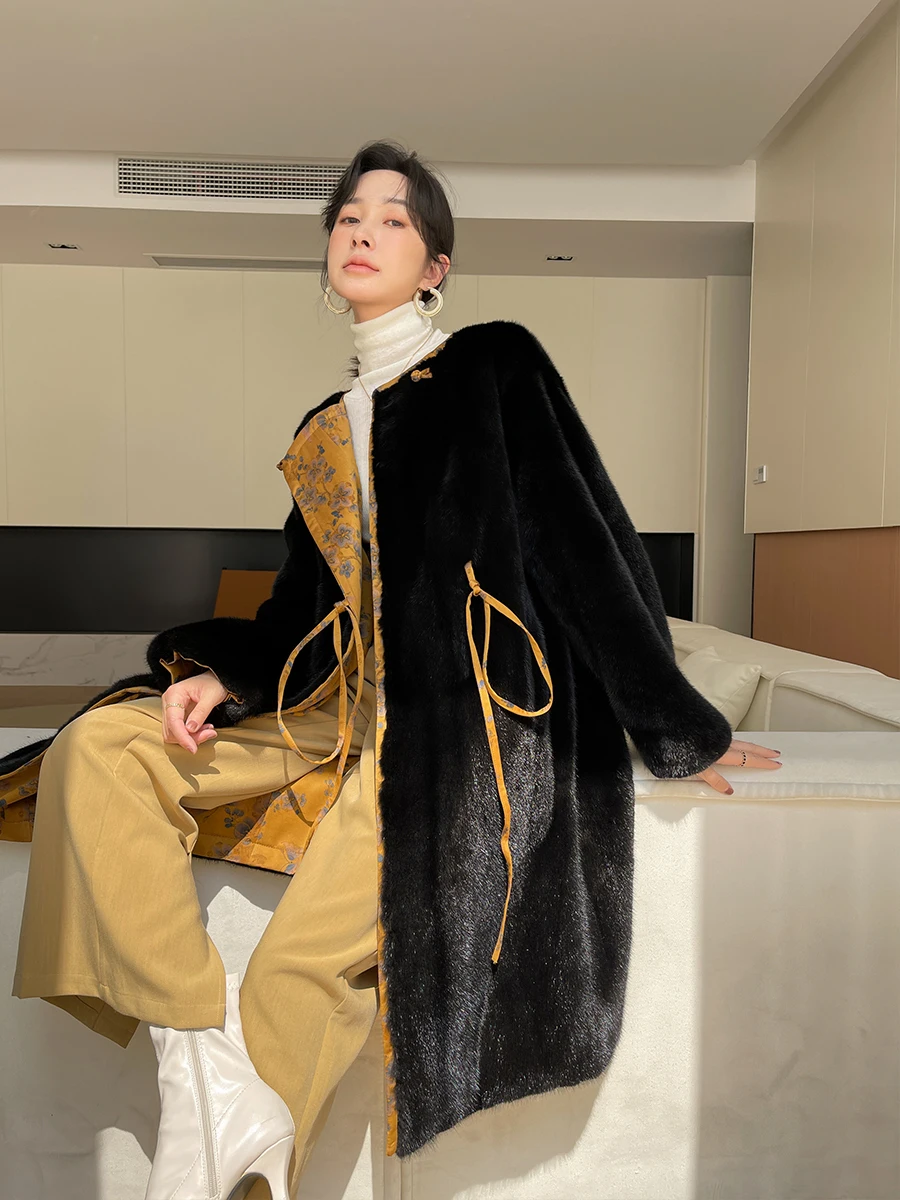 Marten Overcoats Women's Double-Sided Wear Chinese Style Mink Fur Coat Whole Mink Imported Velvet Winter