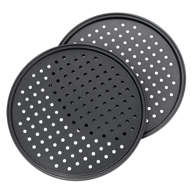 

New 2Pc 10-Inch Perforated Pizza Pan Carbon Steel Non-Stick Coating Easy To Clean Pizza Pan