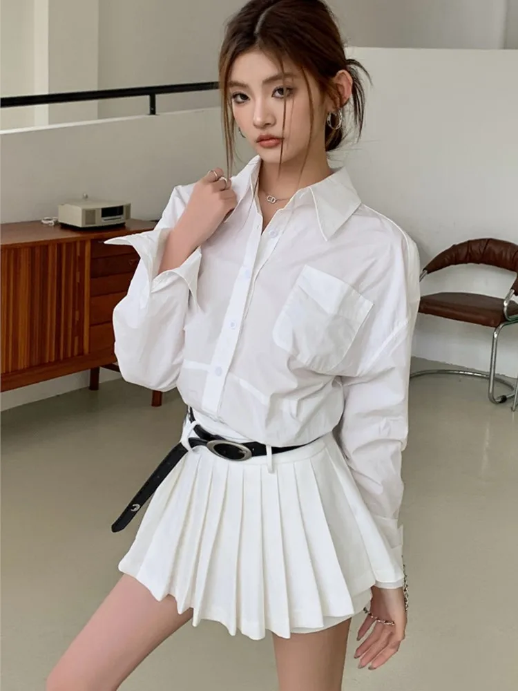 Женский комплект из двух предметов Y2K белая плиссированная мини-юбка с длинным