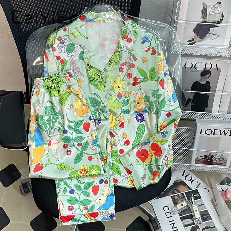 CAIYIER Colorful Animals Nightwear Suit Womens Long Sleeve Trousers Pyjamas Ladies Cardigan Fashion Ice Silk Sleepwear Home Wear