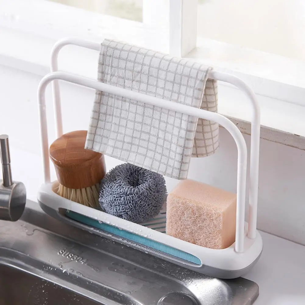 

Dish Cloth Holder Double Rod Kitchen Sink Sponge Holder with Drainage Tray Detachable Dish Cloth Storage Rack for Bathroom