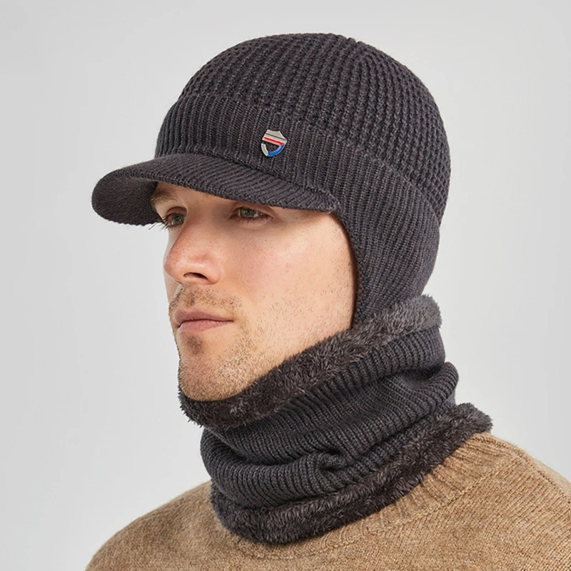 

Men Winter Set Visor Earflap Beanie Hat with Scarf Knit Plush Lined Warmer
