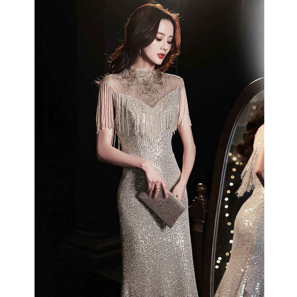 

Silver Mermaid Cocktail Dress Beading Tassel Bling High-Collar Applique Sequined Formal Exquisite Prom Fishtail Evening Gown New