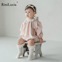 rinilucia infant girls romper ruffle collar long sleeve flower embroidered solid color pleated jumpsuit baby autumn clothing