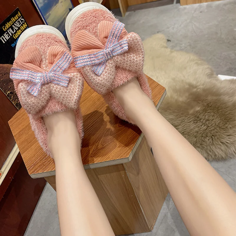 

2022 New Fashion Autumn Winter Plush Slippers Womens Cute Plus Plush Slippers Bow Home Indoor Slippers Winter Warm Shoes