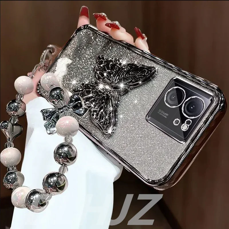 Фото 3D Butterfly Phone Holder Bead bracelet Glitter Case for Motorola Moto G85 G 85 G84 G83 G04 G14 G24 G34 G54 G73 E14 Stand Cover №3