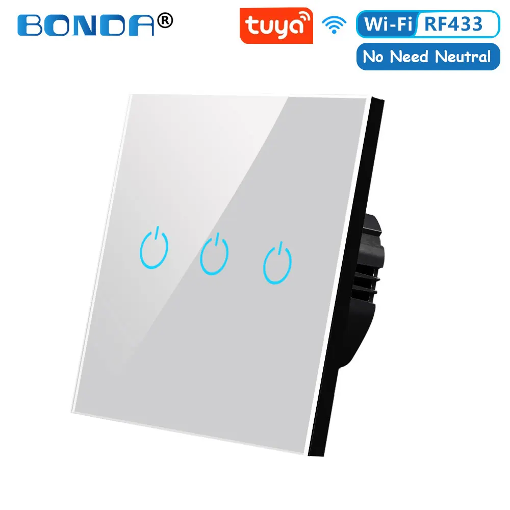 Умный переключатель BONDA Alexa RF433 без нейтрального управления Tuya работает с Google 1/2/3 Gang Smart Life Домашняя подсветка Wi-Fi Сенсорные переключатели ЕС