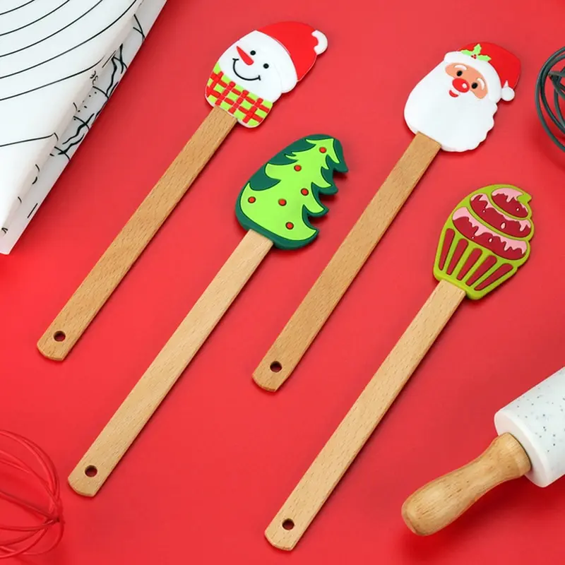 

1PC Christmas Wooden Handle Kitchen Fondant Cake Cream Spatula Silicone Butter Scraper Espatula Kitchen Baking Dessert Tools