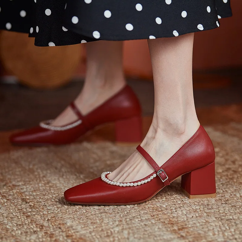 

French ladies red wedding shoes 2022spring temperament simple wedding banquet thick heel women shoes sweet formal shoes mujer