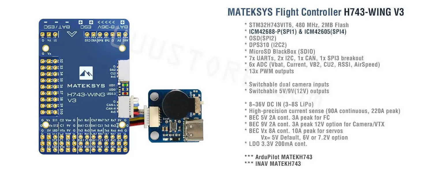 

Контроллер полета MATEK H743-WING V3 ArduPilot INAV 3-8S H743, для радиоуправляемых летательных аппаратов с подвижным крылом, 30, 5 х30, 5 мм