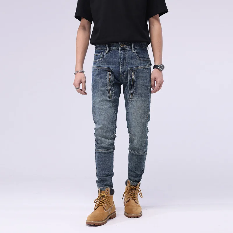 

Men's Slim Fit Biker Jeans With Multi Pockets Fashion Stretchy Motorcycle Denim Trousers Cowboy Pants