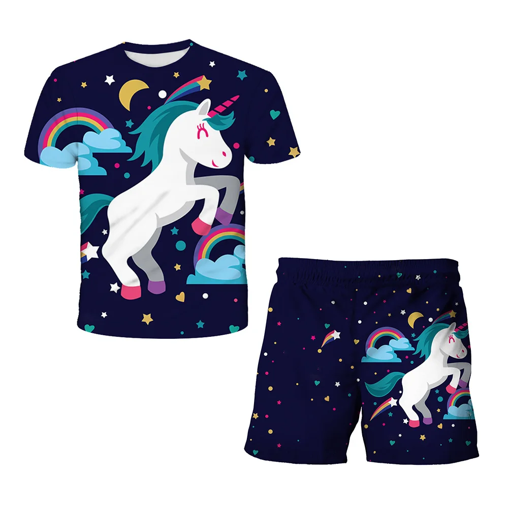 Baby Girl Unicorn T-shirts Shorts Set 2-14 Years Kids Suits Girls T Shirts Children Summer Short Sleeve Tops Infant Clothing
