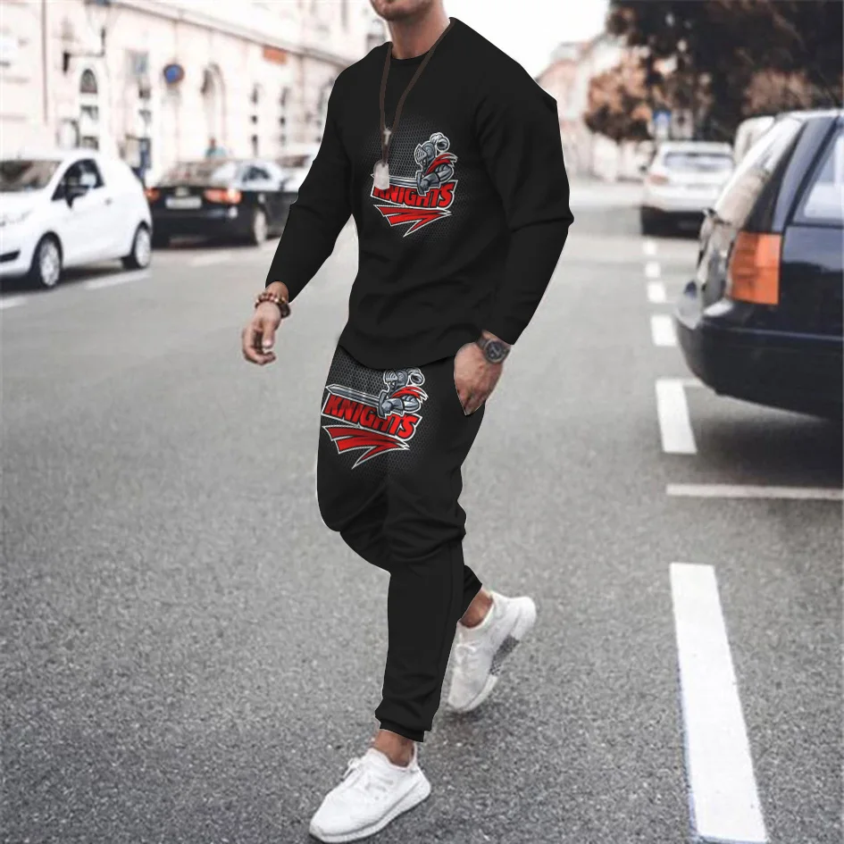 

Black Long Sleeve Tracksuit Men's Outfits Set Casual 2 Pieces Outdoor T-shirts Suit Vintage Sweatshirt Sweatpants Streetwear