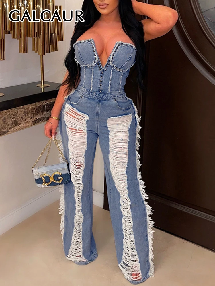 

GALCAUR Streetwear Skinny Denim Jumpsuits For Women Strapless Sleeveless High Waist Spliced Hollow Out Solid Jumpsuit Female New