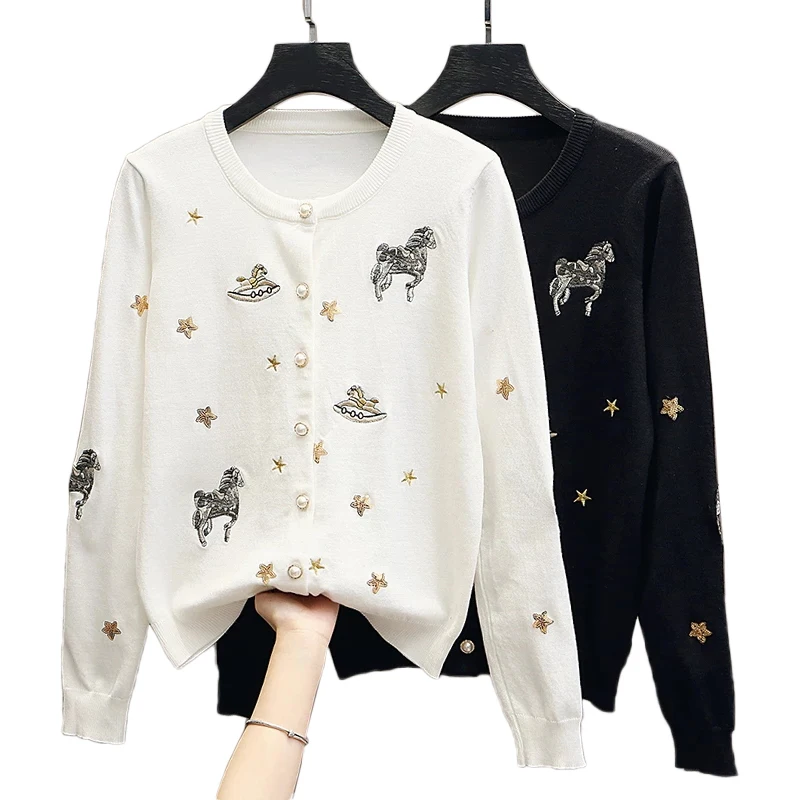 

Spring cardigan sweater women korean fashion embroidery horse cute knitwears cardigans long sleeve tops jumper cardigan feminino