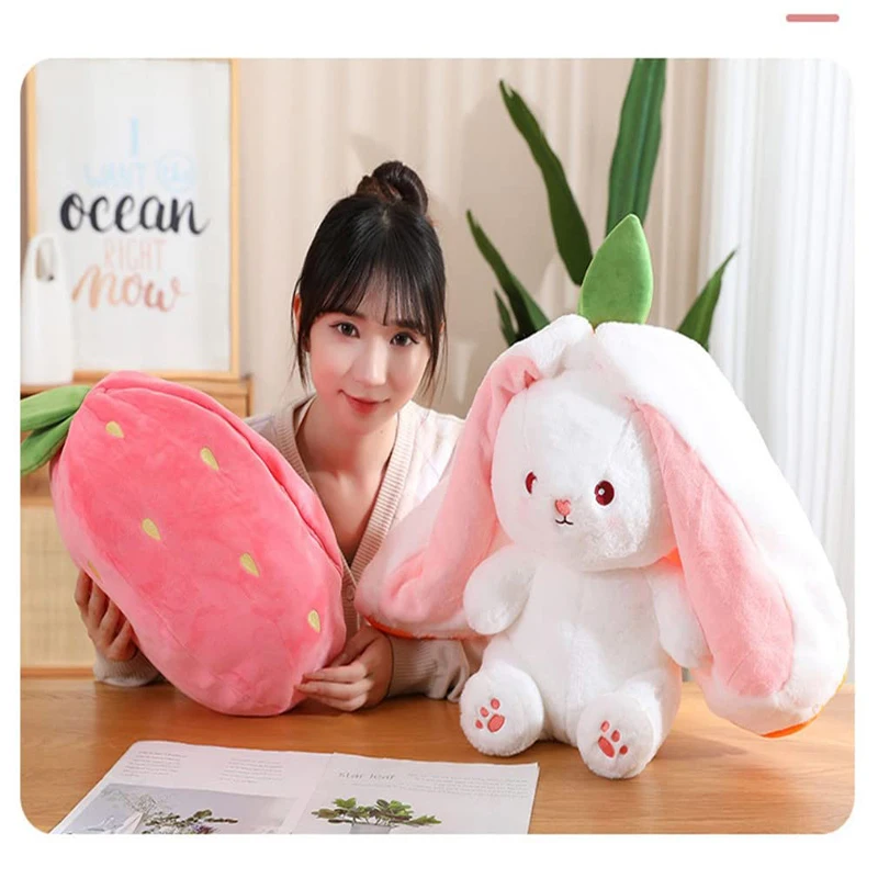 

Easter Strawberry Rabbit Plush Animal Reversible Cute Rabbit Carrot Strawberry Plush Pillow Zipper Kawaii Soft Rabbit Carrot Toy