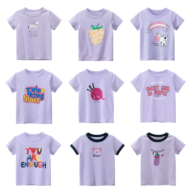

Girls Tops Tee Children Boys Kids Clothing T Shirt Short Sleeves Print Cartoon Cotton Clothes Baby Summer New 2022 Purple