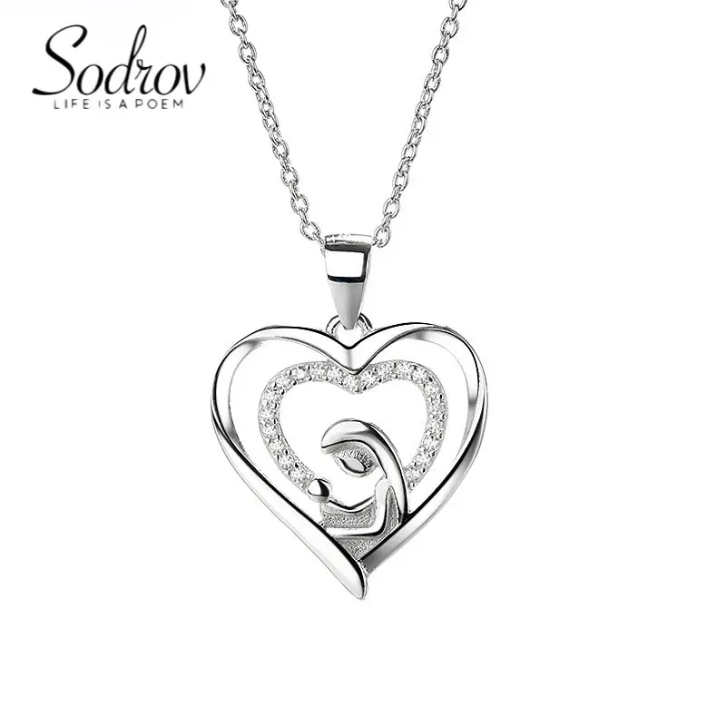 

SODROV Sterling Silver 925 Mother and Child Love Heart Pendant Necklace for Women Silver Chain Necklace