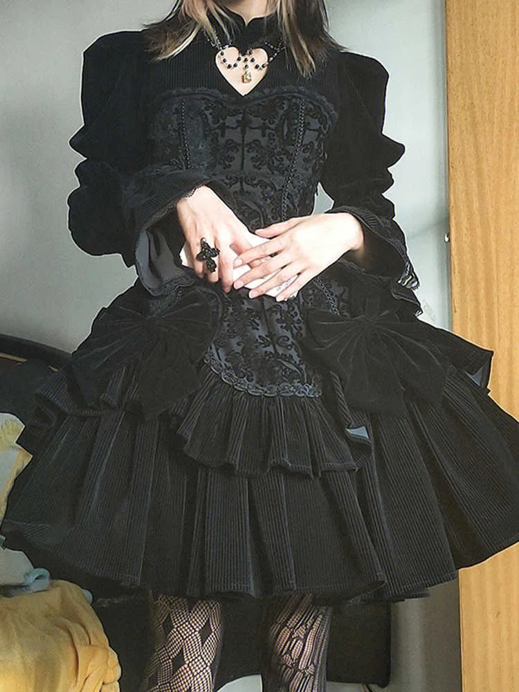 

Punk Gothic Lolita Dress Women's 2022 New Pleated Dress Classic Jacquard Long Sleeve OP Lolita Princess Cosplay Dress