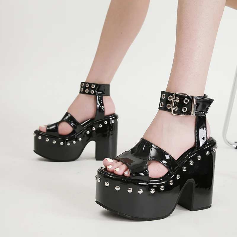 

Rivet Platform Pumps for Women Chunky Gladiator Sandals Peep Toe Nightclub Party Thick High Heels Buckle Strap Woman Heeled Shoe