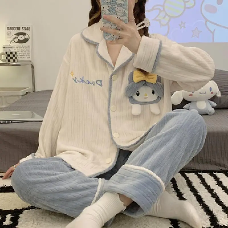 

Sanrioed My Melody Cinnamoroll Cartoon Pajamas Ins Girly Heart Kawaii Flannel Warm Home Clothes Nightgown Set Holiday Gifts