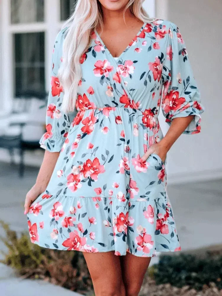 

New Floral Pocket V-Neck Mini Dress Vestidos Elegantes Para Mujer Dresses For Women 2022 Robe Femme Summer Dress Elegant