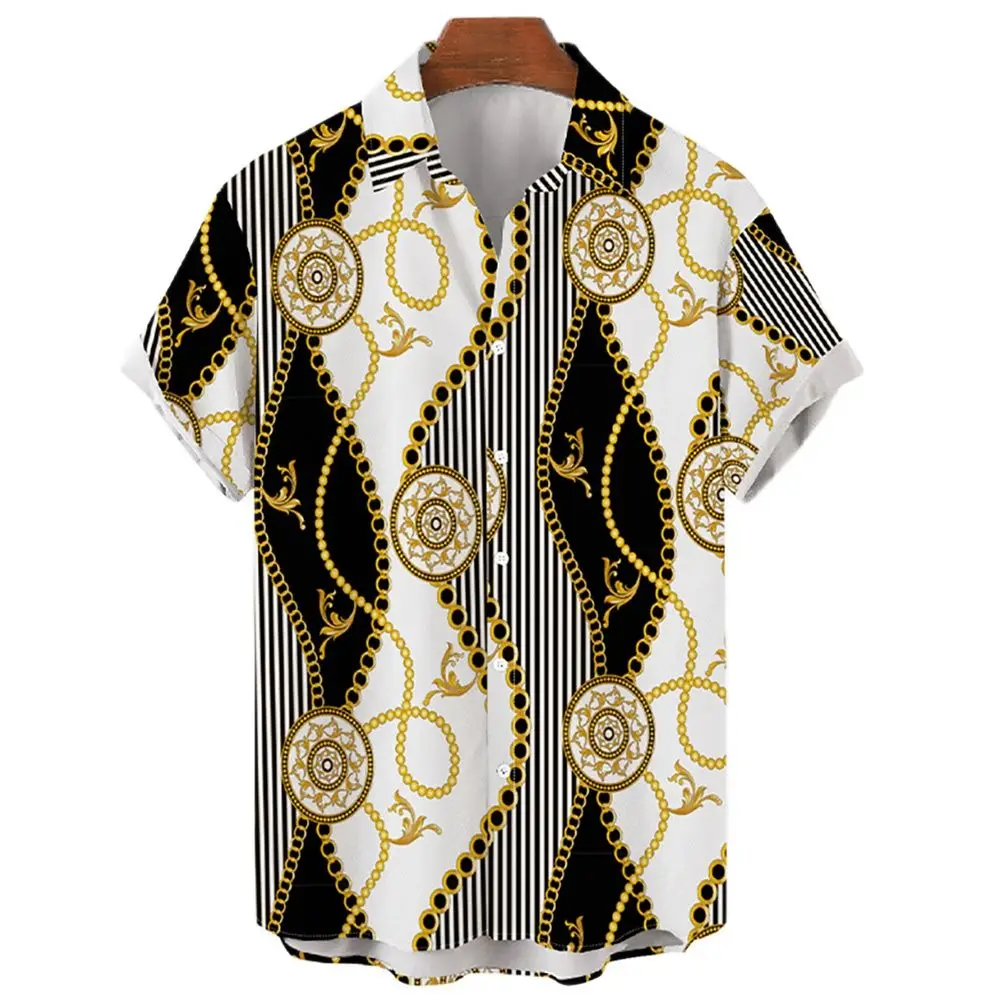 

Nova camisa masculina havaiana de corrente de ouro manga curta estampa 3D tendência camisa oversized casual 5XL