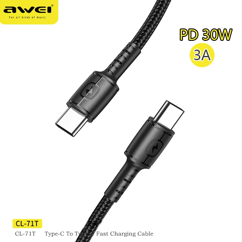 Кабель быстрой зарядки Awei CL-71T PD30W USB C CableType C на Type C 3A для телефонов Xiaomi Samsung, кабели для передачи данных