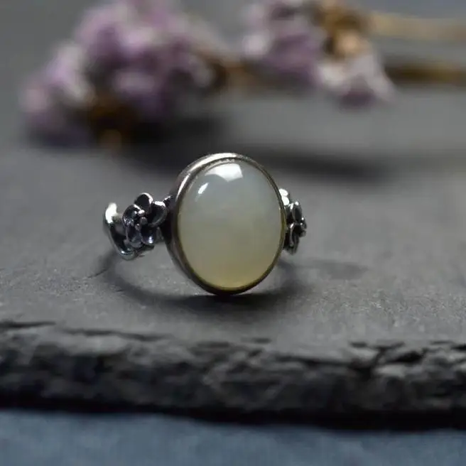 

Original S925 Silver Chinese Retro Style Women's Natural Hetian Jade White Jade Ring Elegant Ring Cheongsam Accessories,