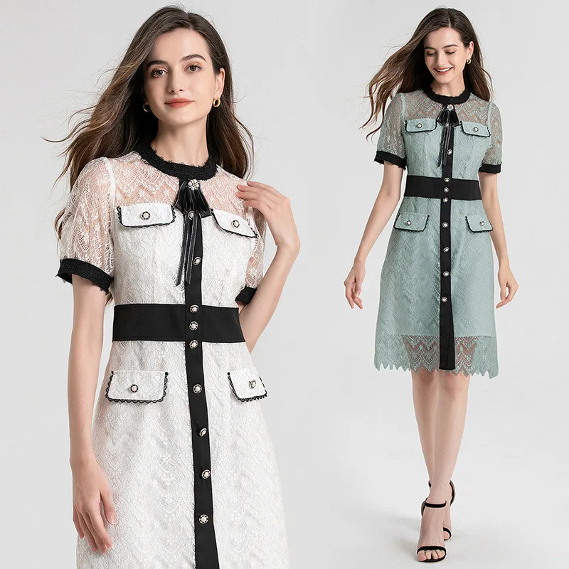 

Summer New Mesh Hollowed Out MIDI Skirt Temperament Waist Slimming Short Sleeve Small Fragrance Lace Dress