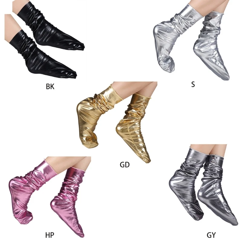 

Women Girls Faux Leather Loose Crew Socks Funny Shiny Metallic Wetlook Solid Color Warm Mid Tube Stockings Clubwear