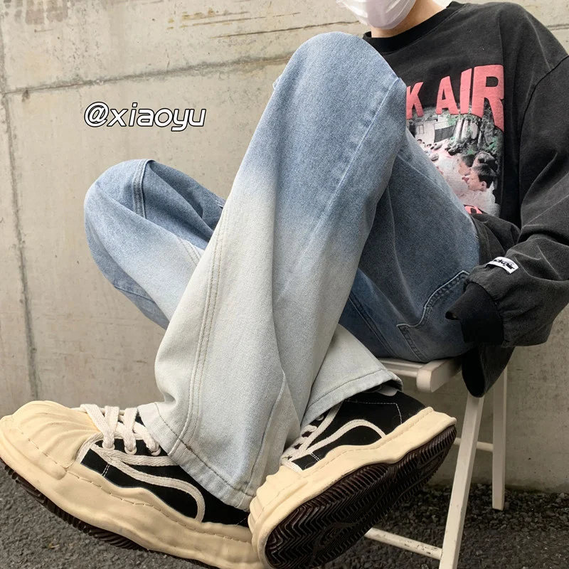 Blue Black Baggy Jeans Men Fashion Gradient Jeans Men Japanese Streetwear Hip-hop Loose Straight Denim Pants Mens Trousers M-5XL