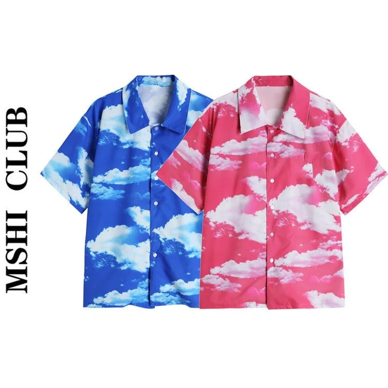 

XEJ Summer Blouse Women 2022 Hip Hop Street Style Loose Shirt Blue Sky Daytime Print Shirt Chiffon Blouse for Women Short Sleeve