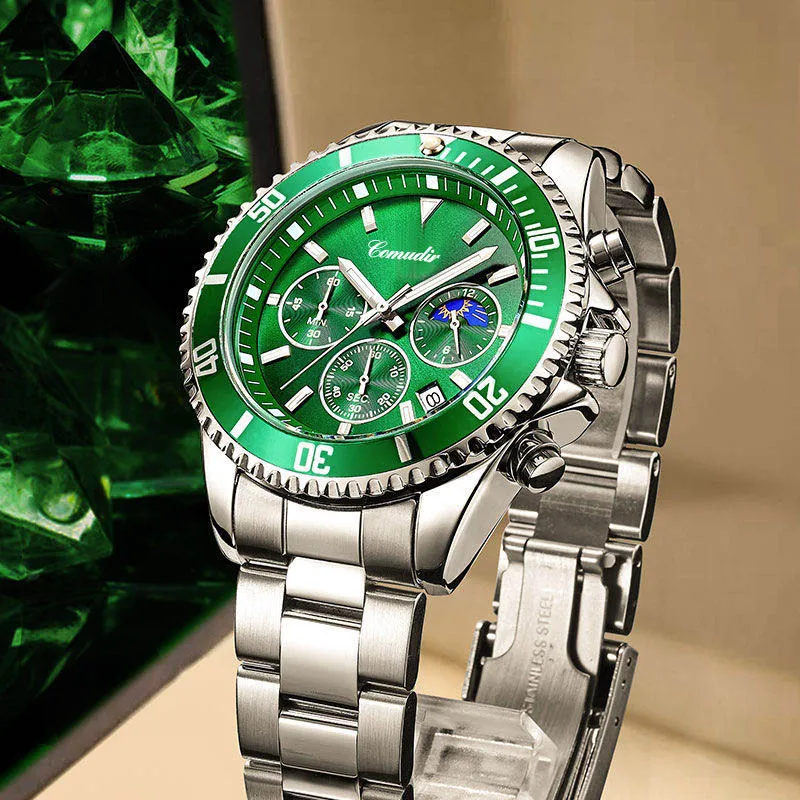 

Top grade green water ghost multi-function quartz men's stainless steel waterproof watch luxury gold case Relogio Masculino