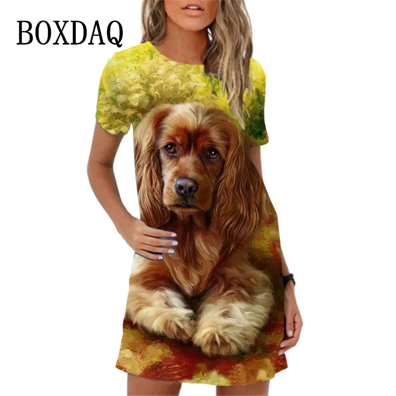 

New Summer Dress Short Sleeve Round Neck Pullover 3D Print Dress Loose Casual Plus Size Cartoon Dog Pattern Women Dress Vestidos