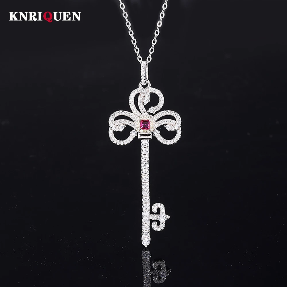 

Женское ожерелье из серебра 2022 пробы с кулоном в форме ключа, с рубиновым топазом и высокоуглеродистыми бриллиантами, свадебные ювелирные у...