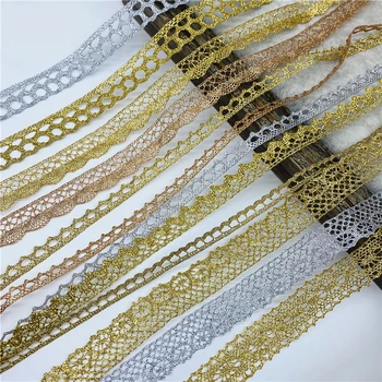 2yards Gold/Silver Cotton Lace Ribbon For Apparel Sewing Fabric Trim Cotton Crocheted Lace Fabric Ribbon Handmade Accessories 2