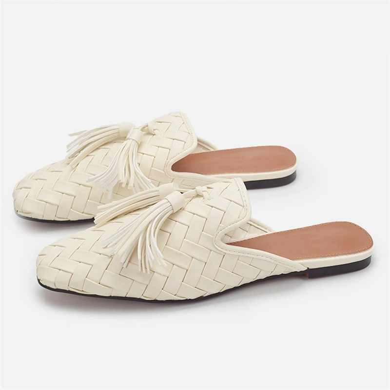 

Fringed Slippers Women 2023 Braided Flat Shoes Square Toe Tassels Sandals Hollow Out Ladies Mules Comfortable Beach Slides