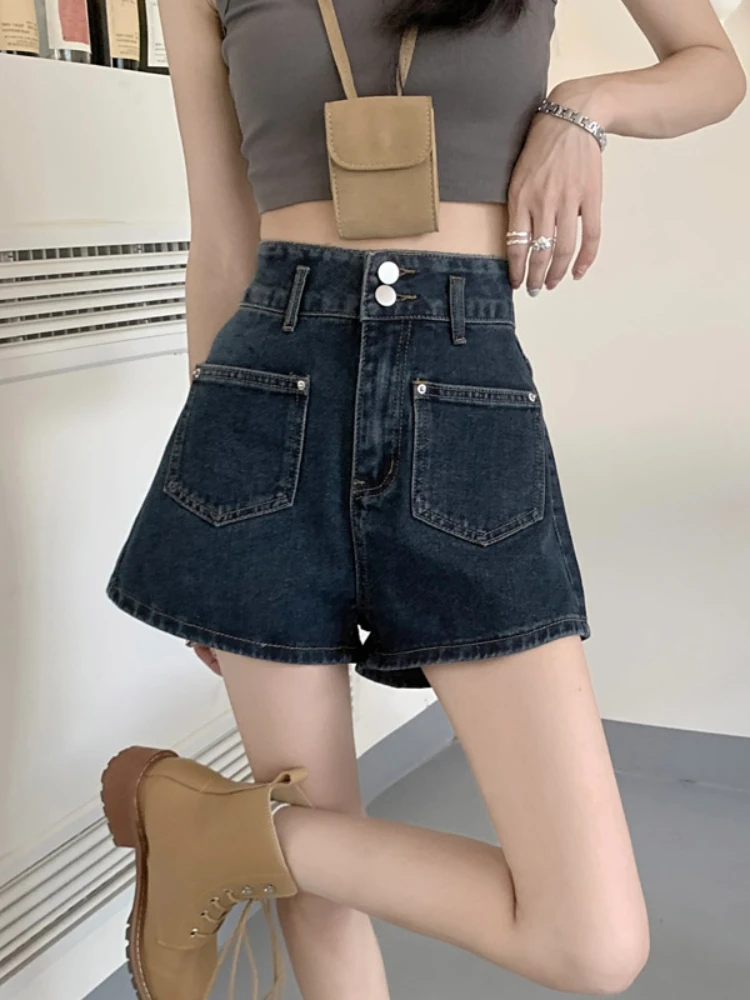 

FTLZZ New Summer Women Casual Buttons Pockets Denim Shorts Female Fashion High Waist Wide Leg Solid Color Jean Shorts