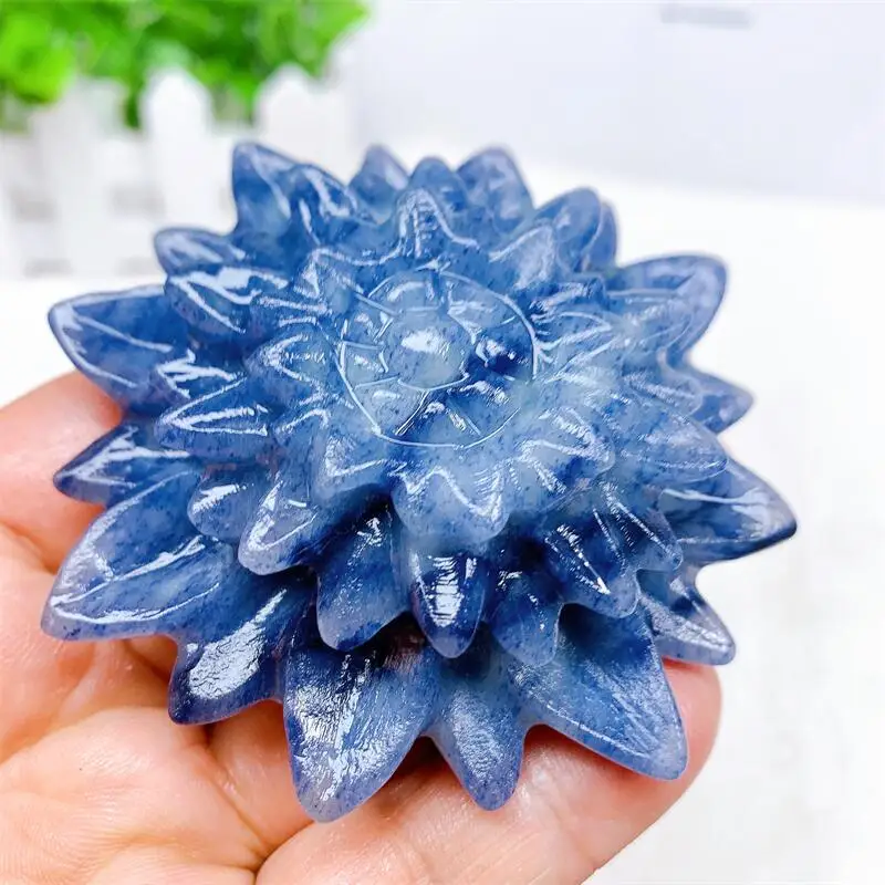 

7CM Natural Blue Aventurine Lotus Crystal Flower Carving Reiki Engraving Healing Gemstone Crafts Home Decor 1PCS